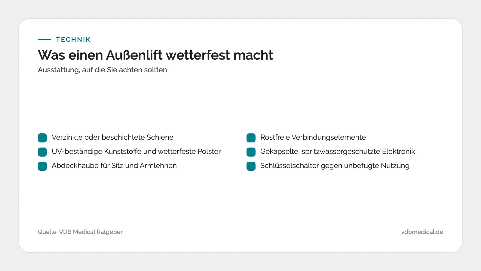 Infografik: sechs Ausstattungsmerkmale eines wetterfesten Außen-Treppenlifts
