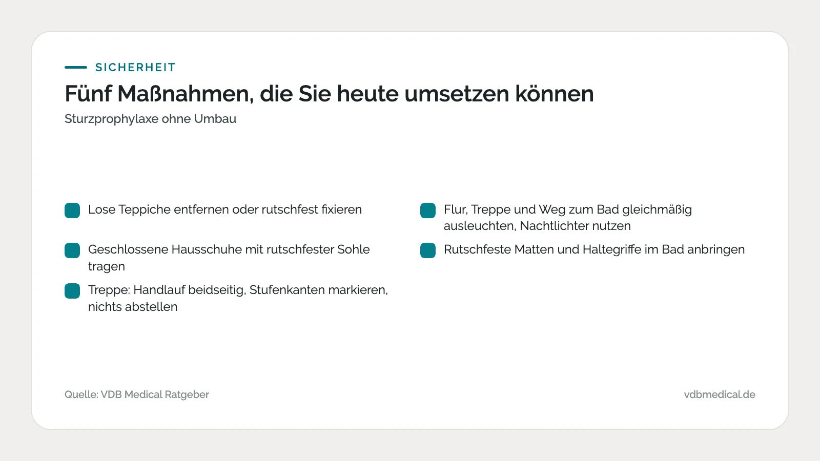Infografik: fünf Maßnahmen zur Sturzprophylaxe zuhause