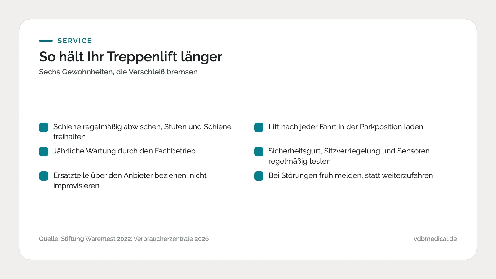 Infografik: Checkliste mit sechs Punkten für eine lange Lebensdauer des Treppenlifts